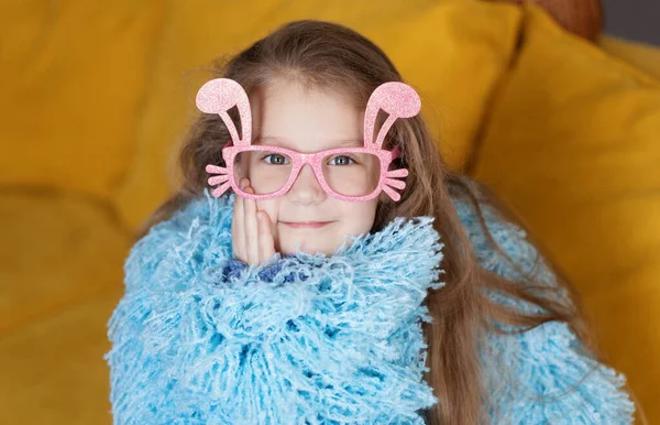 Cute Little Child Girl Blue Fluffy Coat Wearing Bunny Ears — Fotografia de Stock