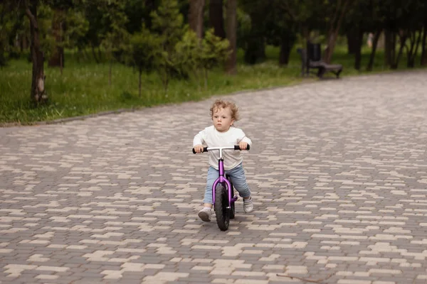 Lindo Niño Sonriente Aprendiendo Montar Una Bicicleta Equilibrio Parque —  Fotos de Stock