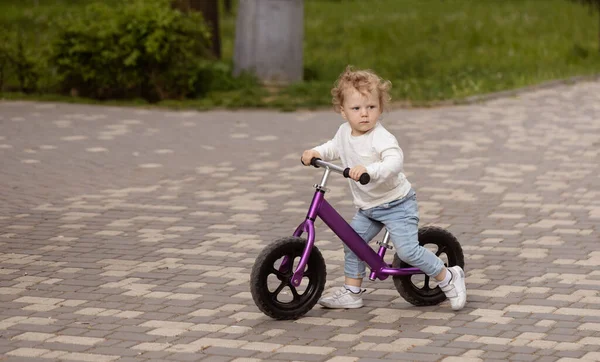 Carino Piccolo Bambino Sorridente Imparare Andare Bicicletta Equilibrio Nel Parco — Foto Stock