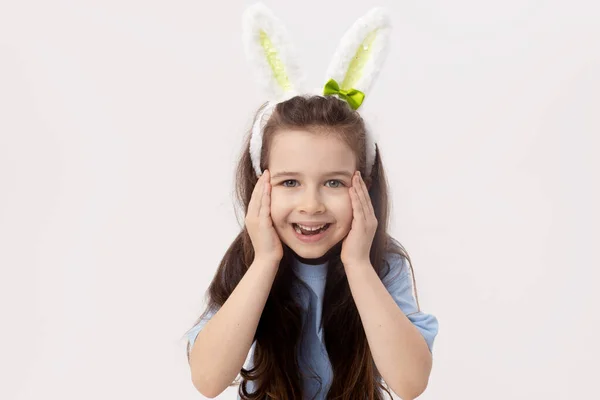 Cute Little Child Girl Bunny Ears White Background Funny Face — Stock Photo, Image