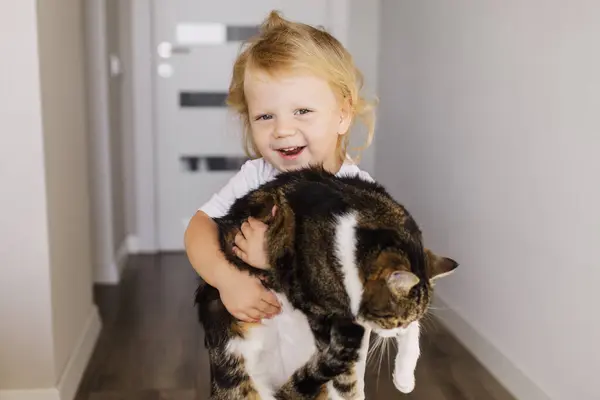 소년은 동물을 가정용 고양이를 돌보는 행복한 먹이와 — 스톡 사진