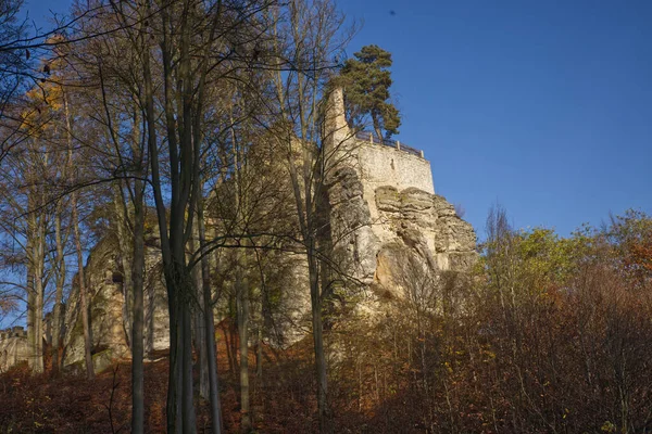 Europejski Średniowieczny Zamek Położony Lesie Jesienią Błękitne Niebo Drzewa Kolorowymi — Zdjęcie stockowe