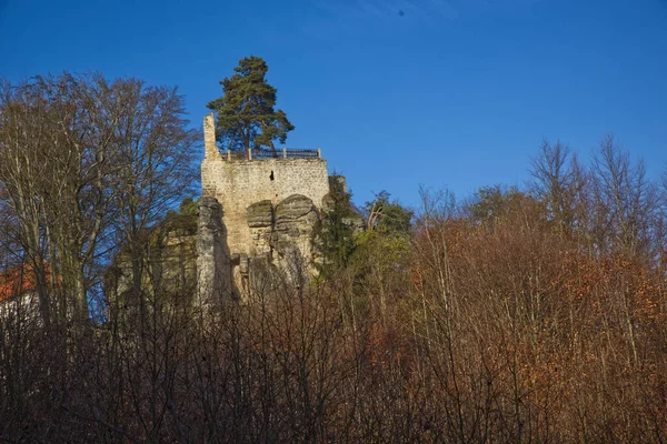 Европейский Средневековый Замок Расположенный Лесу Осенью Голубое Небо Деревья Цветными — стоковое фото