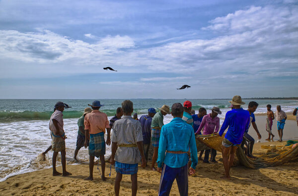 Sri Lankan fishermen catch fish. Sri Lankan fishermen catching fish. The net thrown from a boat has, maybe, half a km. They pull it to shore for at least 2 hours in 30 degrees. And the result is deplorable