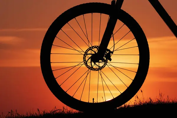 Güzel bir günbatımında bir dağ bisikleti tekerleği. Silüetli bir bisiklet tekerleği belirgin bir şekilde nefes kesici bir günbatımına karşı duruyor, karmaşık telleri ve disk fren sistemi gökyüzünün canlı turuncu ve kırmızı renkleri tarafından keskin bir şekilde tanımlanıyor..
