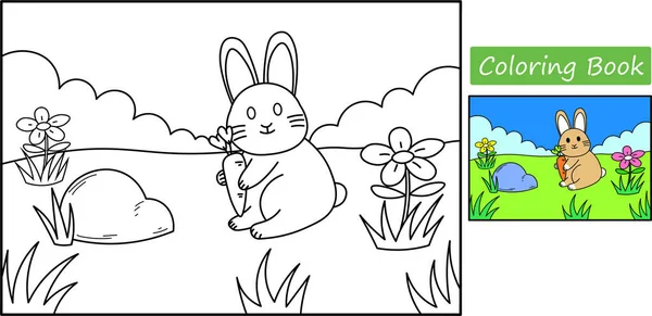 ニンジンを持った可愛いウサギ ぬり絵 ウサギのぬり絵 漫画ベクトルイラスト — ストックベクタ