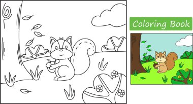 Şirin sincapları boyamak. Anaokulu faaliyet kağıdı. Boyamayı öğren. Çocuk eğitimi. Vektör illüstrasyonu