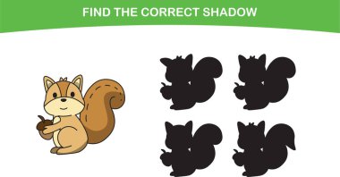 Şirin sincaplar. Doğru gölgeyi buldum. Çocuk Eğitim Oyunları. Çizgi film vektör illüstrasyonu