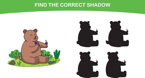 Cute Grizzly Brown Bear. found the correct shadow. Kids Education games. Cartoon vector illustration