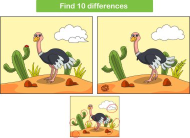 Sevimli devekuşu. 10 farklılık buldum. Çocuk Eğitim Oyunları. Çizgi film vektör illüstrasyonu