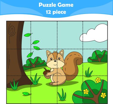 Şirin sincap. Çocuklar için bulmaca oyunları. 12 parça. Çocuk eğitimi. Vektör illüstrasyonu