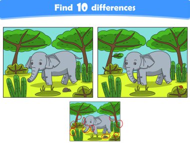 Komik çizgi film fili. 10 farklılık bul. Çocuk Eğitim Oyunları. Çizgi film vektör illüstrasyonu