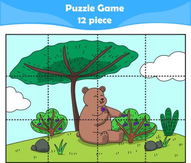 Komik kahverengi ayı. Çocuklar için bulmaca oyunları. 12 parça. Çocuk eğitimi. Vektör illüstrasyonu