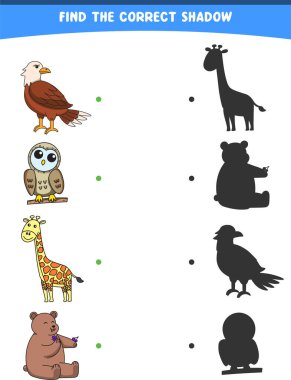 Vektör illüstrasyonu doğru gölgeyi buluyor. Vahşi hayvanlar, baykuş, zürafa, basılabilir ayı.