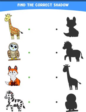 Doğru gölgeyi bulma vektör çizimi vahşi hayvanlar zürafa baykuş tilki zebrası basılabilir