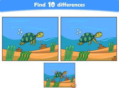 Komik karikatür kaplumbağası. 10 farklılık bul. Çocuk Eğitim Oyunları. Çizgi film vektör illüstrasyonu