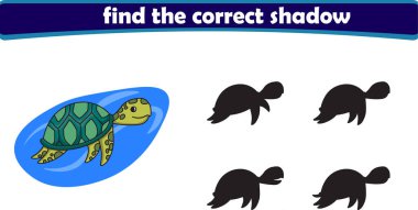 Komik karikatür kaplumbağası. Doğru gölgeyi bul. Çocuk Eğitim Oyunları. Çizgi film vektör illüstrasyonu