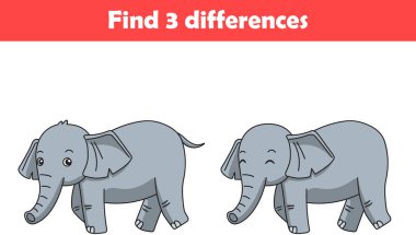 Çocuklar için eğitim oyunu iki fil hayvan çizgi filmi arasında üç fark buluyor. Vektör illüstrasyonu