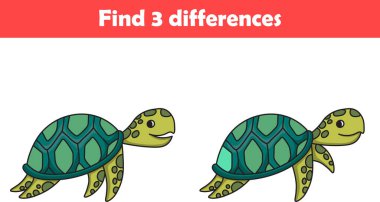 Çocuklar için eğitim oyunu iki kaplumbağa hayvan çizgi filmi arasında üç fark buluyor. Vektör illüstrasyonu