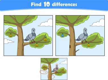 Komik güvercin. 10 farklılık bul. Çocuk Eğitim Oyunları. Çizgi film vektör illüstrasyonu