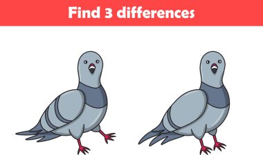 Çocuklar için eğitim oyunu iki güvercin hayvan çizgi filmi arasında üç fark buluyor. Vektör illüstrasyonu