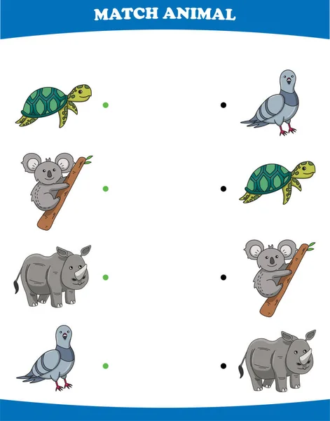 stock vector Education game for children connect the same picture of cute cartoon wild animal turtle koala rhino dove printable