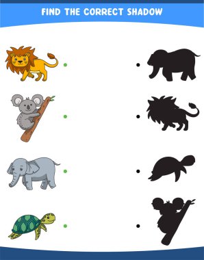 Doğru gölgeyi bulma vektör illüstrasyonu vahşi hayvanlar aslan koala fil kaplumbağa basılabilir