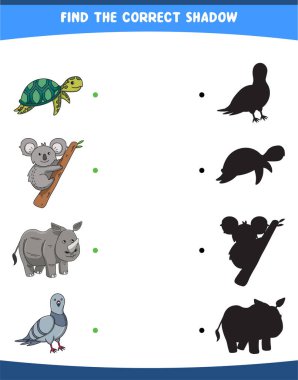 Doğru gölgeyi bulma vektör illüstrasyonu vahşi hayvanlar kaplumbağa koala gergedanı basılabilir güvercin