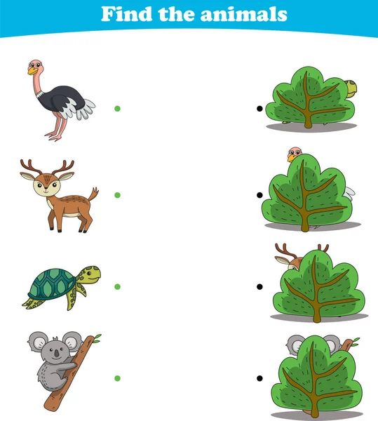 stock vector Finding Hiding Animals Child Exercise Sheet ostrich deer turtle koala printable