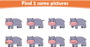 Komik karikatür hipopotam. Aynı iki resmi bul. Çocuklar için eğitici bir oyun. Çizgi film vektör illüstrasyonu