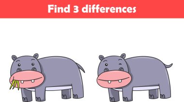 Çocuklar için eğitim oyunu iki su aygırı hayvan çizgi filmi arasında üç fark bulur. Vektör illüstrasyonu