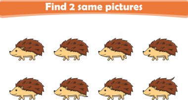 Komik çizgi film kirpisi. Aynı iki resmi bul. Çocuklar için eğitici bir oyun. Çizgi film vektör illüstrasyonu