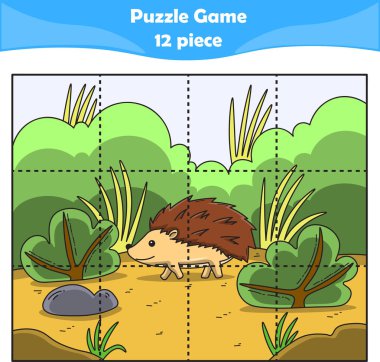 Komik kirpi. Çocuklar için bulmaca oyunları. 12 parça. Çocuk eğitimi. Vektör illüstrasyonu