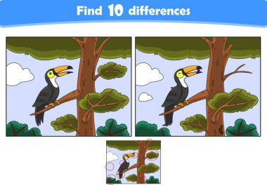 Komik bir Toucan çizgi filmi. 10 farklılık bul. Çocuk Eğitim Oyunları. Çizgi film vektör illüstrasyonu