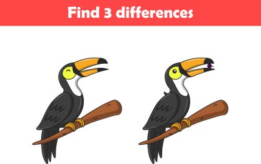 Çocuklar için eğitim oyunu iki tukan hayvan çizgi filmi arasında üç fark buluyor. Vektör illüstrasyonu