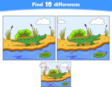 Komik timsah çizgi filmi. 10 farklılık bul. Çocuk Eğitim Oyunları. Çizgi film vektör illüstrasyonu