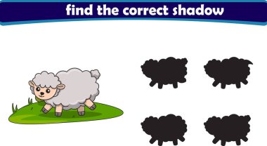 Komik koyun çizgi filmi. Doğru gölgeyi bul. Çocuk Eğitim Oyunları. Çizgi film vektör illüstrasyonu