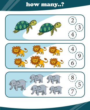 Hayvan vektörlerini sayan çocuklar için çalışma kağıtları