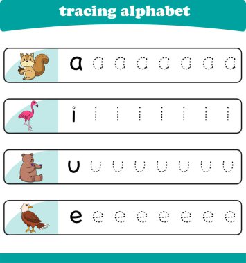 Anaokulu çocukları için yazarlık pratiği. Vahşi yaşam hayvanlarıyla alfabe izleme çalışması. Vektör illüstrasyonu