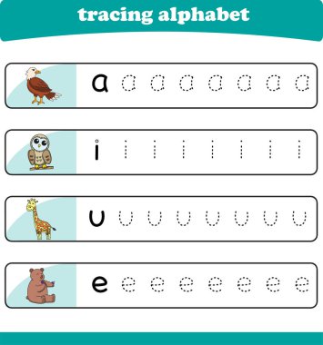 Anaokulu çocukları için yazarlık pratiği. Vahşi yaşam hayvanlarıyla alfabe izleme çalışması. Vektör illüstrasyonu