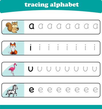 Anaokulu çocukları için yazarlık pratiği. Vahşi yaşam hayvanlarıyla alfabe izleme çalışması. Vektör illüstrasyonu