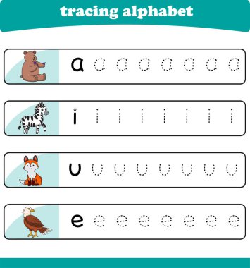 Anaokulu çocukları için yazarlık pratiği. Vahşi yaşam hayvanlarıyla alfabe izleme çalışması. Vektör illüstrasyonu