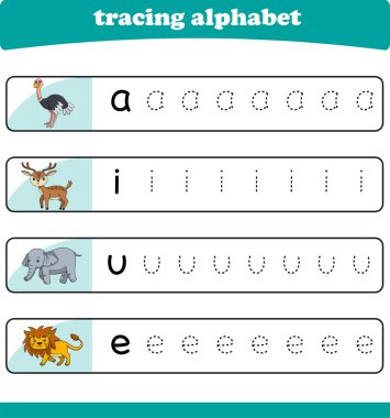Anaokulu çocukları için yazarlık pratiği. Vahşi yaşam hayvanlarıyla alfabe izleme çalışması. Vektör illüstrasyonu
