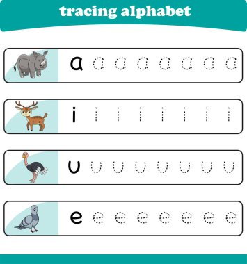 Anaokulu çocukları için yazarlık pratiği. Vahşi yaşam hayvanlarıyla alfabe izleme çalışması. Vektör illüstrasyonu