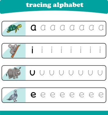 Anaokulu çocukları için yazarlık pratiği. Vahşi yaşam hayvanlarıyla alfabe izleme çalışması. Vektör illüstrasyonu