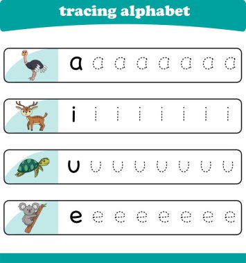 Anaokulu çocukları için yazarlık pratiği. Vahşi yaşam hayvanlarıyla alfabe izleme çalışması. Vektör illüstrasyonu