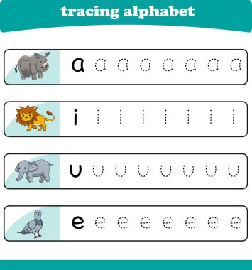 Anaokulu çocukları için yazarlık pratiği. Vahşi yaşam hayvanlarıyla alfabe izleme çalışması. Vektör illüstrasyonu