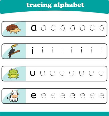 Anaokulu çocukları için yazarlık pratiği. Vahşi yaşam hayvanlarıyla alfabe izleme çalışması. Vektör illüstrasyonu