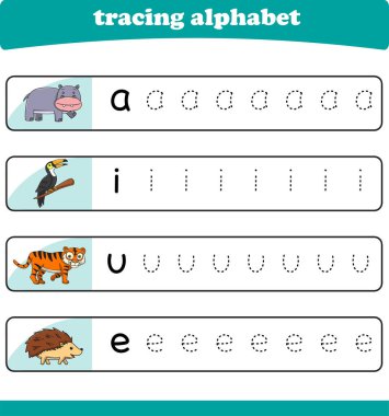 Anaokulu çocukları için yazarlık pratiği. Vahşi yaşam hayvanlarıyla alfabe izleme çalışması. Vektör illüstrasyonu