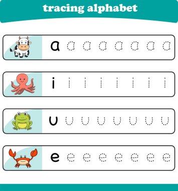 Anaokulu çocukları için yazarlık pratiği. Vahşi yaşam hayvanlarıyla alfabe izleme çalışması. Vektör illüstrasyonu